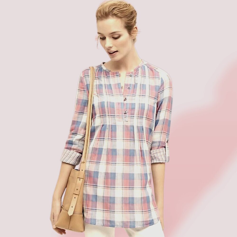 Anthropologie Holding pastel baby pink blue plaid convertible sleeve tunic XS